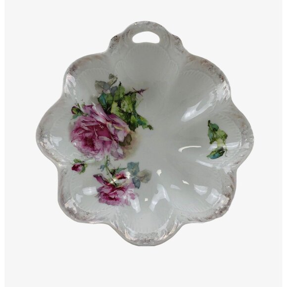 Antique K Steinmann German Porcelain Floral Dish Pink Roses Scalloped Edges - Picture 1 of 10